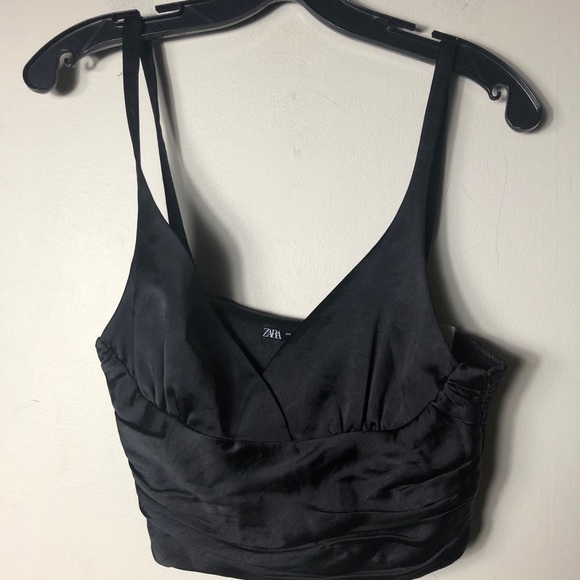 SOLD” SOLD “NWT Black satin crop top, ruched sides. SIZE: SMALL - Picture 2 of 8